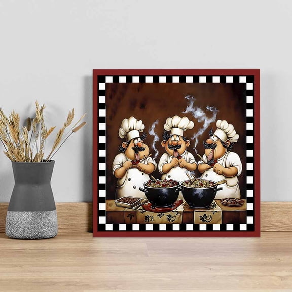 Red Chef Wall Art Painting on Canvas, Kitchen Gourmet Black Plaid Vintage Canvas Art Home Prints Wall Art Framed Modern Artwork for Living Room Bedroom Wall Decor 8x8in