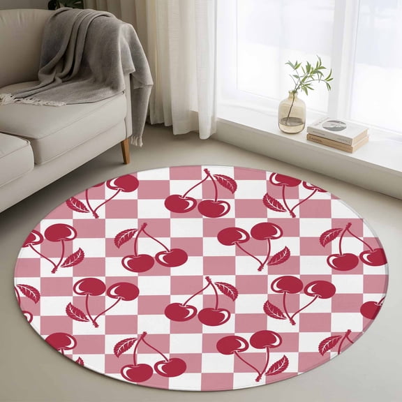 Red Cherries 4FT Round Area Rugs Pink Plaid Abstract Fruit Modern Style Simple Soft Small Round Rug Non-Slip, Ultra-Thin Indoor Circle Carpet for Bedroom Entryway Kitchen Bathroom