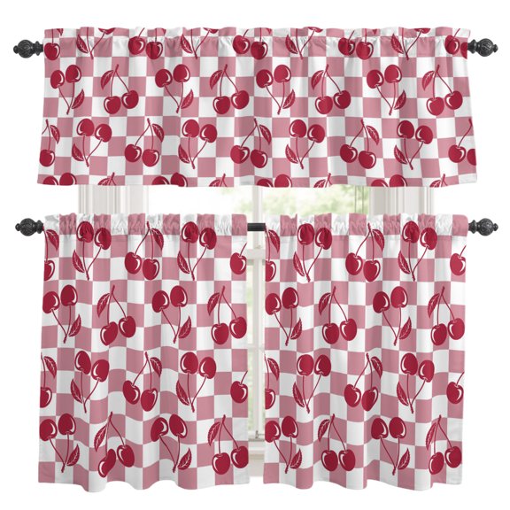 Red Cherries Kitchen Curtains Valances 3 Piece Set, Pink Plaid Abstract Fruit Modern Style Simple Rod Pocket Tier Curtain and Valance Drapes for Small Window 36 Inch Length for Bedroom Cafe
