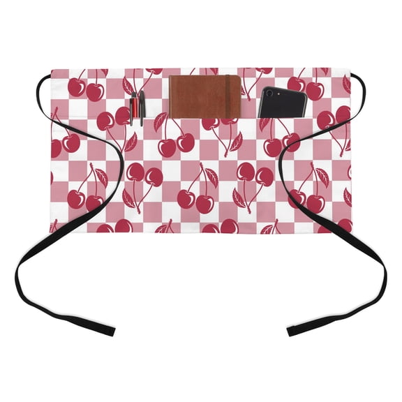 Red Cherries Kitchen Restaurant Half Waist Apron, Pink Plaid Abstract Fruit Modern Style Simple Server Short Apron with 3 Pockets Waterproof Oil Waist Aprons for Women Waitress Waiter