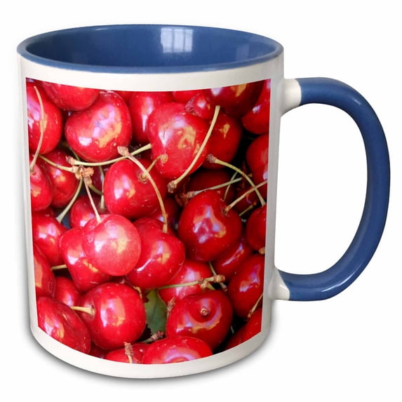 3drose, Red Cherries Macro Food Photography - Cherry Fruit - Shiny Bright. Cook Cooking Kitchen Chef Gifts, 11oz Two-tone Blue Mug