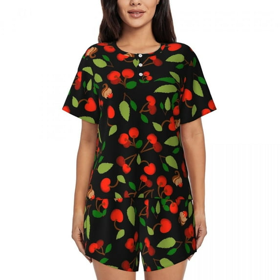 Red Cherries Pajamas Summer Two Piece Leaves Print Cute Pajama Sets Womens Short Sleeve O Neck Room Design Nightwear