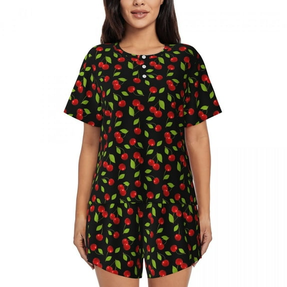 Red Cherries Pajamas Summer Two Piece Leaves Print Cute Pajama Sets Womens Short Sleeve O Neck Room Design Nightwear