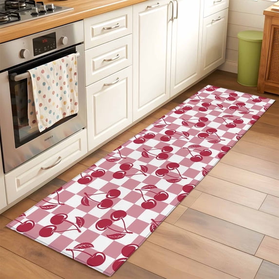 Red Cherries Runner Rugs 2x6 ft Pink Plaid Abstract Fruit Modern Style Simple Washable Hallway Rugs Non-Slip Floor Mats Absorbent Carpet Bedside Runners for Bedroom Kitchen Bathroom Laundry Room