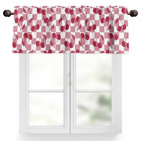 Red Cherries Valances for Windows Pink Plaid Abstract Fruit Modern Style Simple Valance Curtains Rod Pocket Bathroom Small Window Treatments for Kitchen Living Room Bedroom, 42"x12"