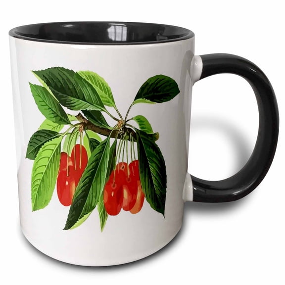 3drose, Red Cherries Vector on White Background, 11oz Two-tone Black Mug