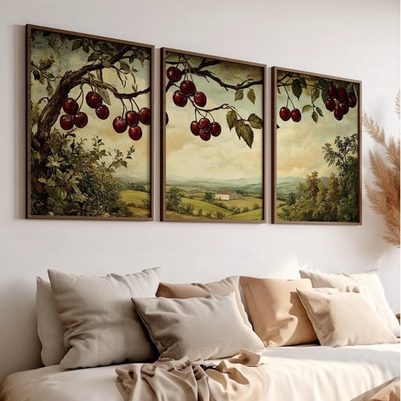 Red Cherries Vintage Wall Art Country Spring Cottagecore Rustic Decor Set 3 Unframed Paper Print