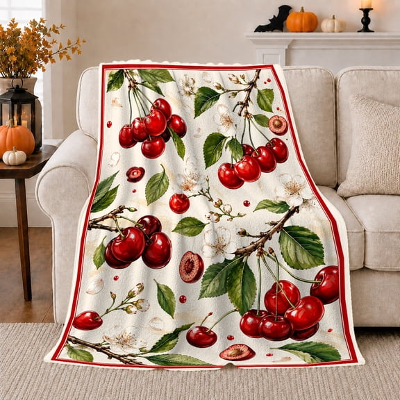 Red Cherries with White Blossoms and Leaves, Vintage Botanical Style for Fruit Lovers, Fresh Cream Harvest Scene and Birthday Gift, Cozy Flannel Blanket for Bedroom and Living Room, Home Decor