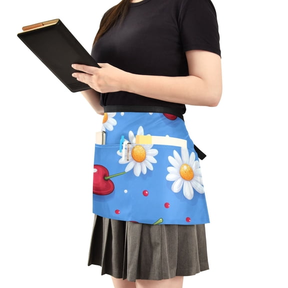 Red Cherries and White Daisies Server Apron with 3 Pockets Waist Apron for Waiter Waitress