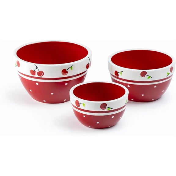 Red Cherry 3-Piece Hand Painted Mixing Bowl Set
