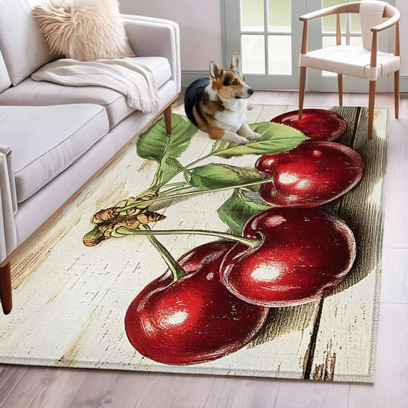 Red Cherry Area Rug 3x5 Washable Rug Non Slip Vintage Summer Botanical Wooden Large Area Rug Indoor Floor Carpet for Entryway Bedroom Kitchen Living Room Home Office Dining Room Nursery