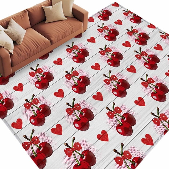 Red Cherry Area Rug 5x7 Washable Rug Non Slip Farmhouse Lover Heart Fruit Gray Wooden Large Area Rug Soft Stainresistant Indoor Floor Carpet for Living Room Bedroom Home Office Dining Room Nursery