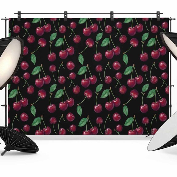 Red Cherry Backdrops for Photography, Retro Rustic Sweet Red Berry Fruit Green Leaves Stems Fabric Photo Background Sturdy Studio Props for Photo Studio, Video Recording, Booth & Photoshoot 7x5ft