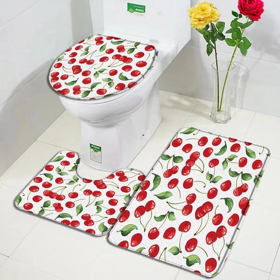Red Cherry Bath Mat Set Green Leaves Strawberry Lemon Tropical Fruits Home Carpet Flannel Bathroom Decor Floor Rugs Toilet Cover