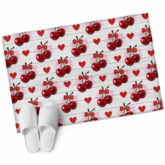 Red Cherry Bathroom Rug Washable 2x3 Entryway Rug Non Slip Farmhouse Lover Heart Fruit Gray Wooden Front Door Mat Low Pile Indoor Doormat Throw Floor Carpet for Kitchen Bedroom Entrance