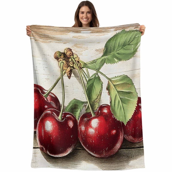 Red Cherry Blanket Soft Cozy Warm Throw Blanket for Couch, Plush Fuzzy Flannel Fleece Blankets for Sofa, Vintage Summer Botanical Wooden Bed Blankets Lightweight Gifts for Women, 50"x60"