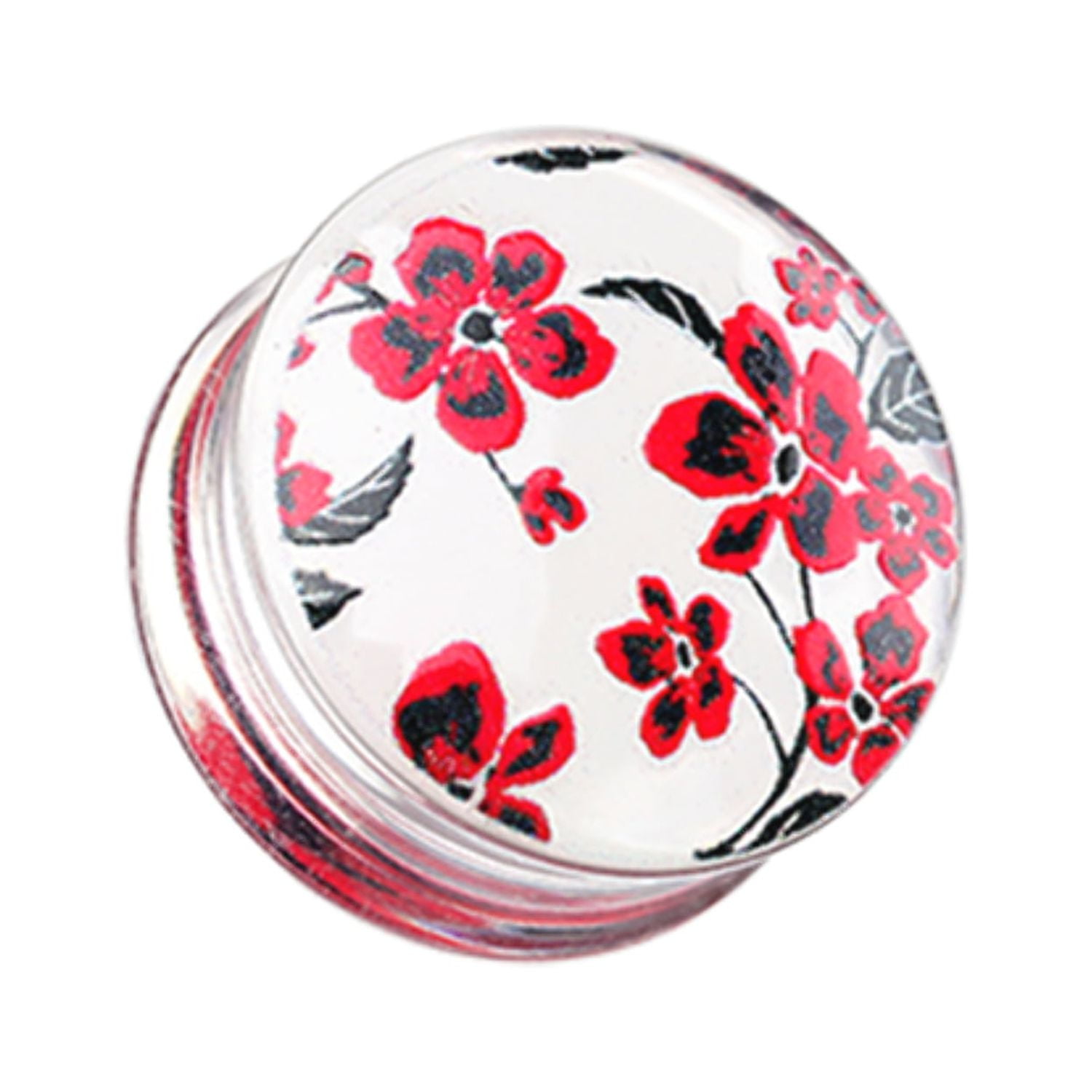 Red Cherry Blossom Clear UV Double Flared Ear Gauge Plug Earrings