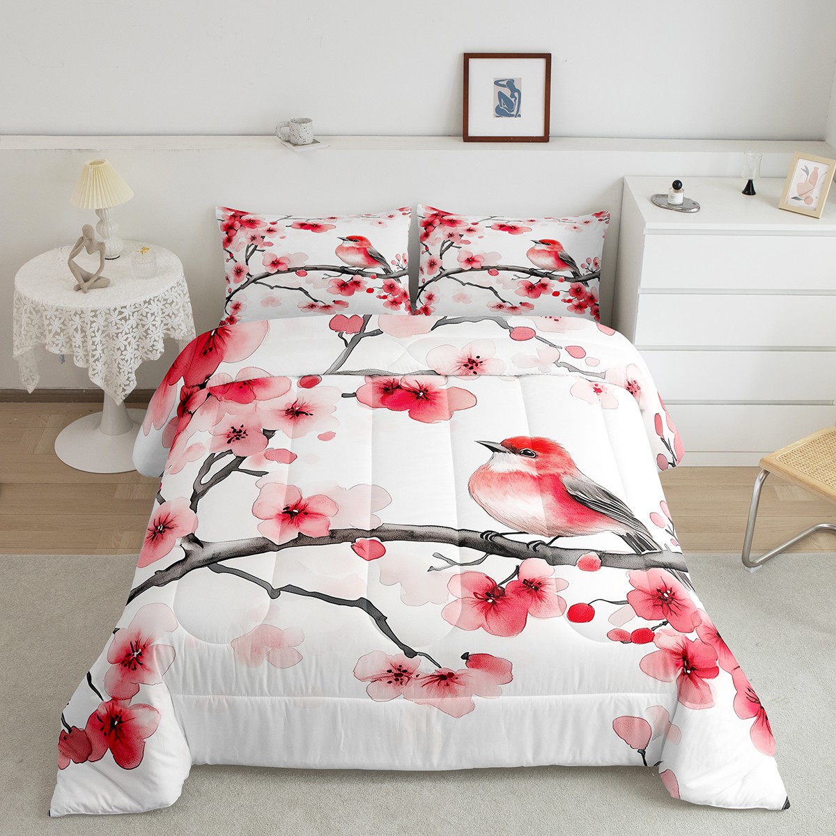 Fresh Look at Red Cherry Blossom Comforter Set Twin Size Cute Bird Bedding