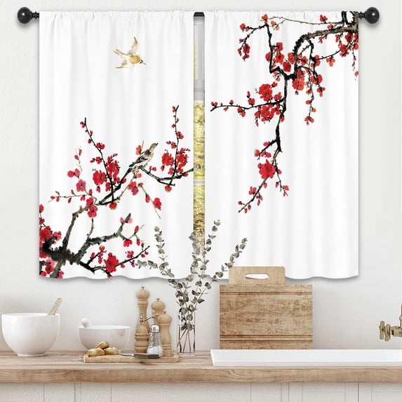 Red Cherry Blossom Flower Kitchen Curtains 27.5W x 39L Inch Floral Modern Asian Japanese Natural Ink Rod Pocket Short Cafe Tier Small Window Treatment Drapes Decor 2 Panels