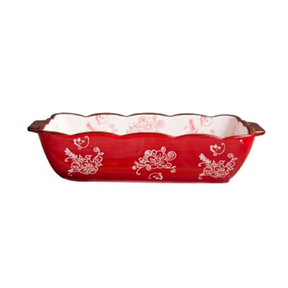 Red Cherry Blossom Home Ceramic Baking Pan Rectangular Double-Handled Tableware Baked Rice Dish