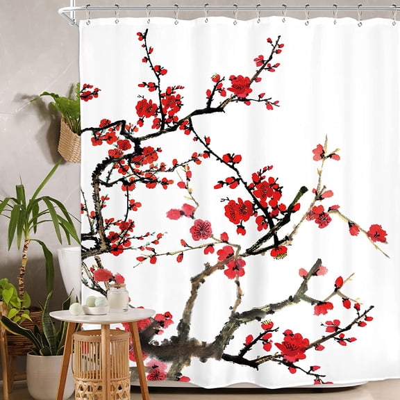 Red Cherry Blossom Japanese Theme Shower Curtain Asian Chinese 72Wx72H Inch Blooming Plum Floral Aesthetic Weeping Flower Traditional Branch Waterproof Polyester Fabric Bathroom Bathtub