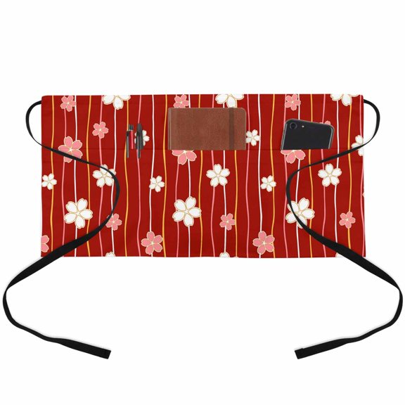 Red Cherry Blossom Waitress Apron with 3 Pockets, Farmhouse Romantic Petals Floral Server Aprons Waterproof Kitchen Restaurant Half Waist Apron for Men Women