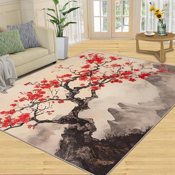 Red Cherry Blossoms Rugs for Living Room, Japanese Rug, Ink Painting Mountains Washable Area Rugs for Bedroom, Asian Style Carpet, Oriental Carpet - Japanese Home Decor & Gift 2 x 3ft