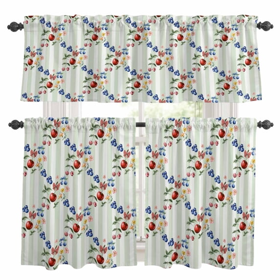 Red Cherry Blueberry Kitchen Curtains Valances and Tiers Set of 3 Country Farmhouse Flower Leaf Green Stripe Tier Curtains and Valance with Rod Pocket for Small Windows, 27.5"x24"