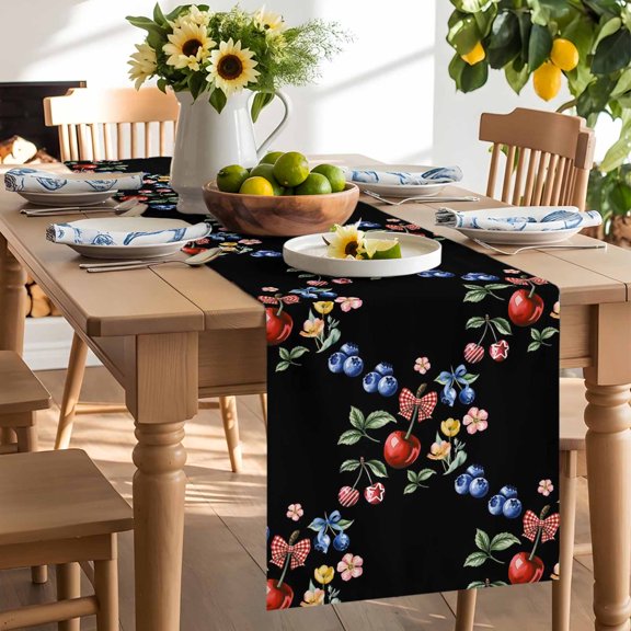 Red Cherry Blueberry Table Runner, Country Farmhouse Flower Green Leaf Black Washable Kitchen Table Runners Dress Scarves for Dining Table Decorations Party/Restaurant/Indoor Outdoor Use, 13x36in