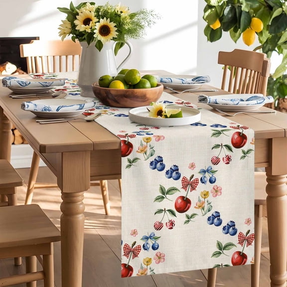 Red Cherry Blueberry Table Runner, Country Farmhouse Flower Green Leaf Linen Washable Kitchen Table Runners Dress Scarves for Dining Table Decorations Party/Restaurant/Indoor Outdoor Use, 13x36in