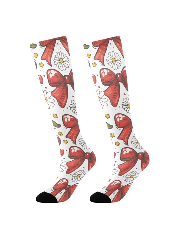 Red Cherry Bow Flower Novelty Patterned Knee High Socks Breathable Stretchy Soft Tall Boot Socks