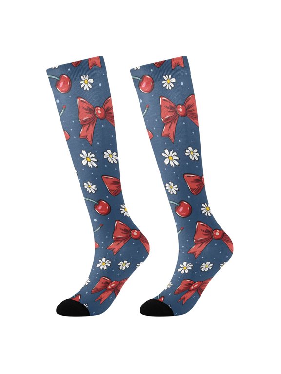 Red Cherry Bow Novelty Patterned Knee High Socks Breathable Stretchy Soft Tall Boot Socks