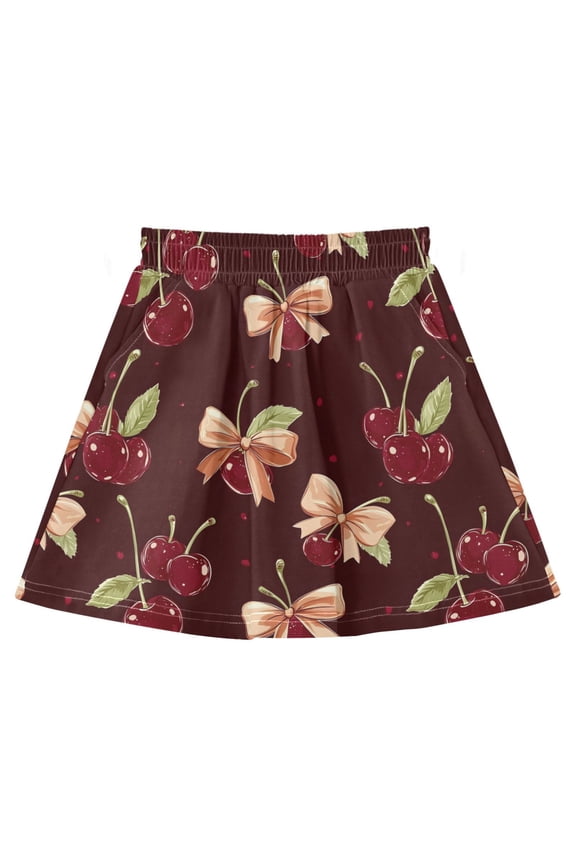 Red Cherry Bow Pattern Cotton Skirt Built-in Liner Elastic A-Line Flared Skirt with Pockets