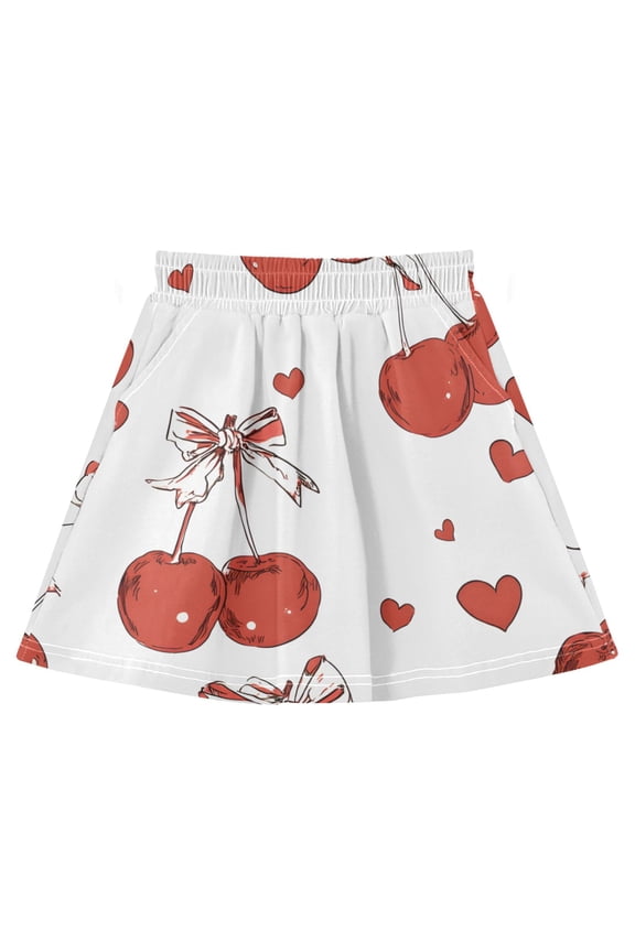 Red Cherry Bows Pattern Cotton Skirt Built-in Liner Elastic A-Line Flared Skirt with Pockets