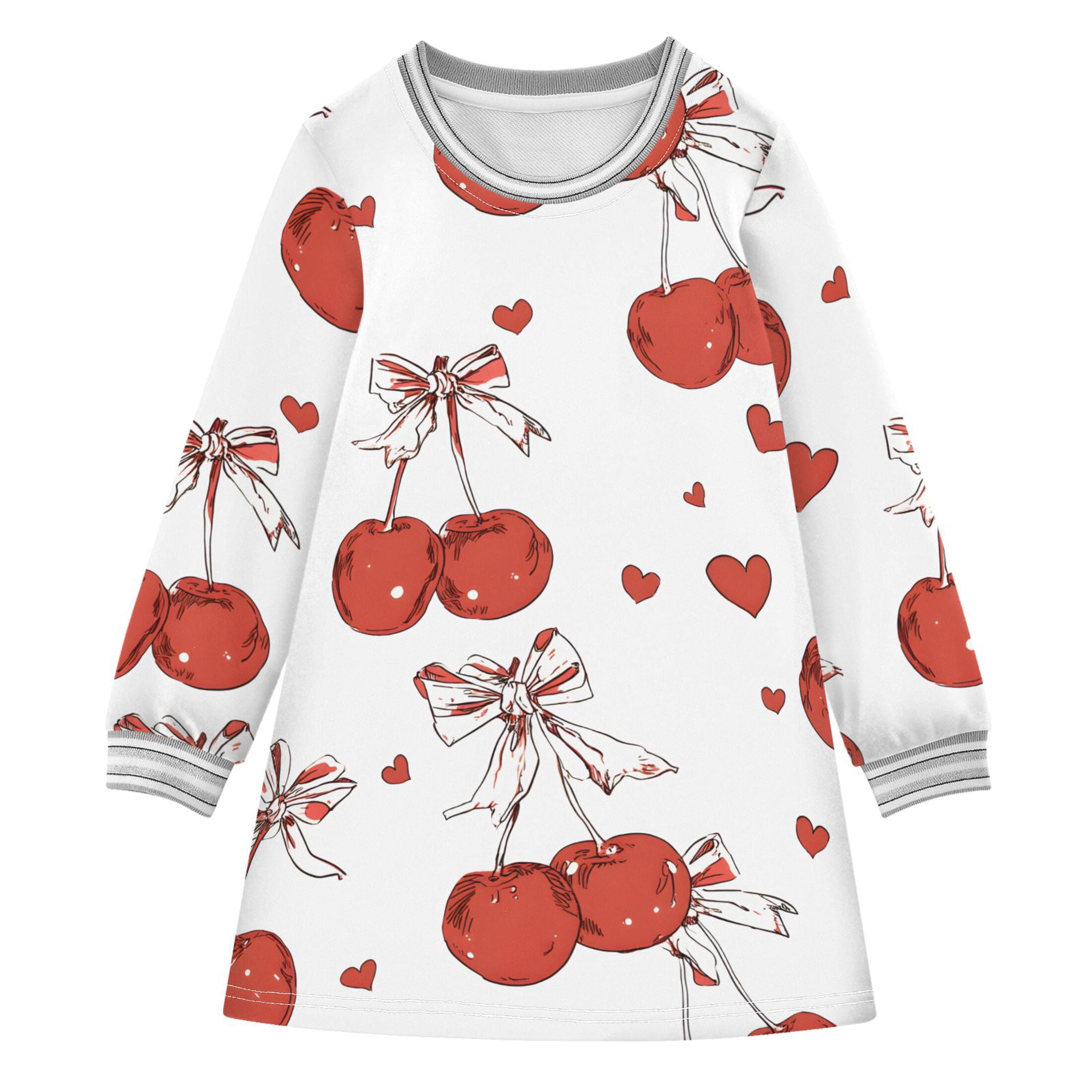 Red Cherry Bows Pattern Girls'long-sleeved dress Thickened A-dress Warm ...