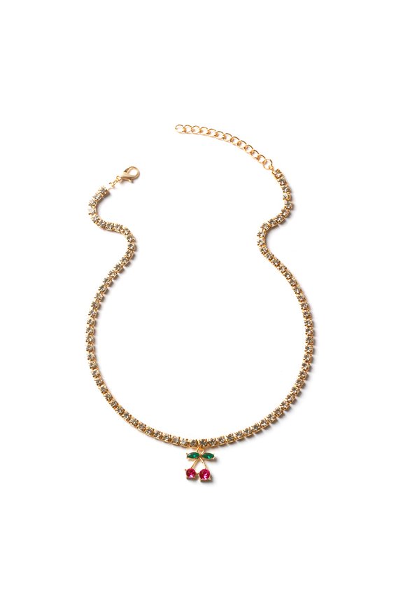 Red Cherry Crystal Pendant Necklace For Women Bling Rhinestone Tennis Chain Necklace New Korean Jewelry Gift