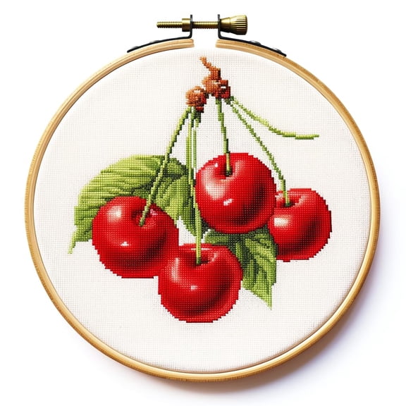 Red Cherry DIY Stamped Cross Stitch Kits for Beginners Easy with Hoop 11CT Needlepoint Embroidery Counted Cross Stitch Kits Art Craft Wall Decoration 35x35cm(1)