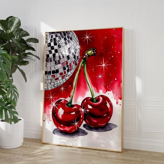 Red Cherry Disco Ball Print Trendy Cherries Wall Art Disco Cherry Preppy Wall Decor Bar Cart Art Retro Funky Poster Colorful Y2K Poster Wall Art, Modern Wall Decor, 8x12 UNFRAMED