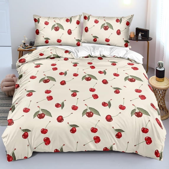 Red Cherry Duvet Cover Green Leaf Comforter Cover Leaves Quilt Cover Fruit Branch Leaves Bed Sets with Zipper Closure Corner Ties 3Pcs Lightweight Microfiber