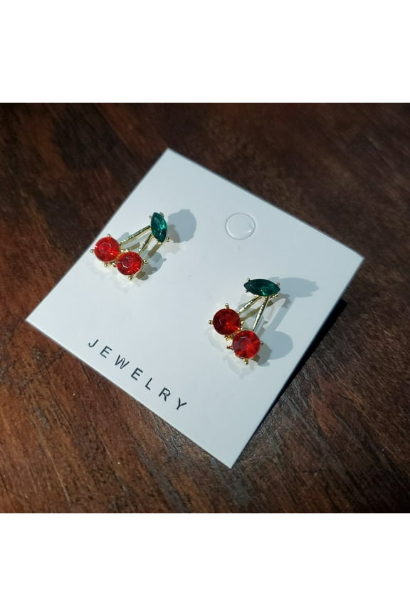Red Cherry Earrings Gold Studs Cubic Zirconia Gemstone Jewelry
