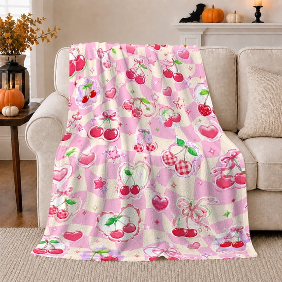 Red Cherry Hearts Gingham Coquette Art, Playful Artistic Scene, Warm Flannel Blanket for Home Library and Reading Nook, Celestial Art Lovers Valentine's Day Gift, Playful Home Decor