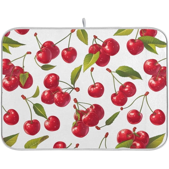 Red Cherry Leaf Pattern Dish Drying Mat for Kitchen Counter Absorbent Reversible Microfiber Drying Pad Countertop Drainer Mats, Small 16 x 18 inch