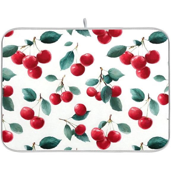Red Cherry Leaves Dish Drying Mat for Kitchen Counter Absorbent Microfiber Drying Pad, Medium 16x18 in
