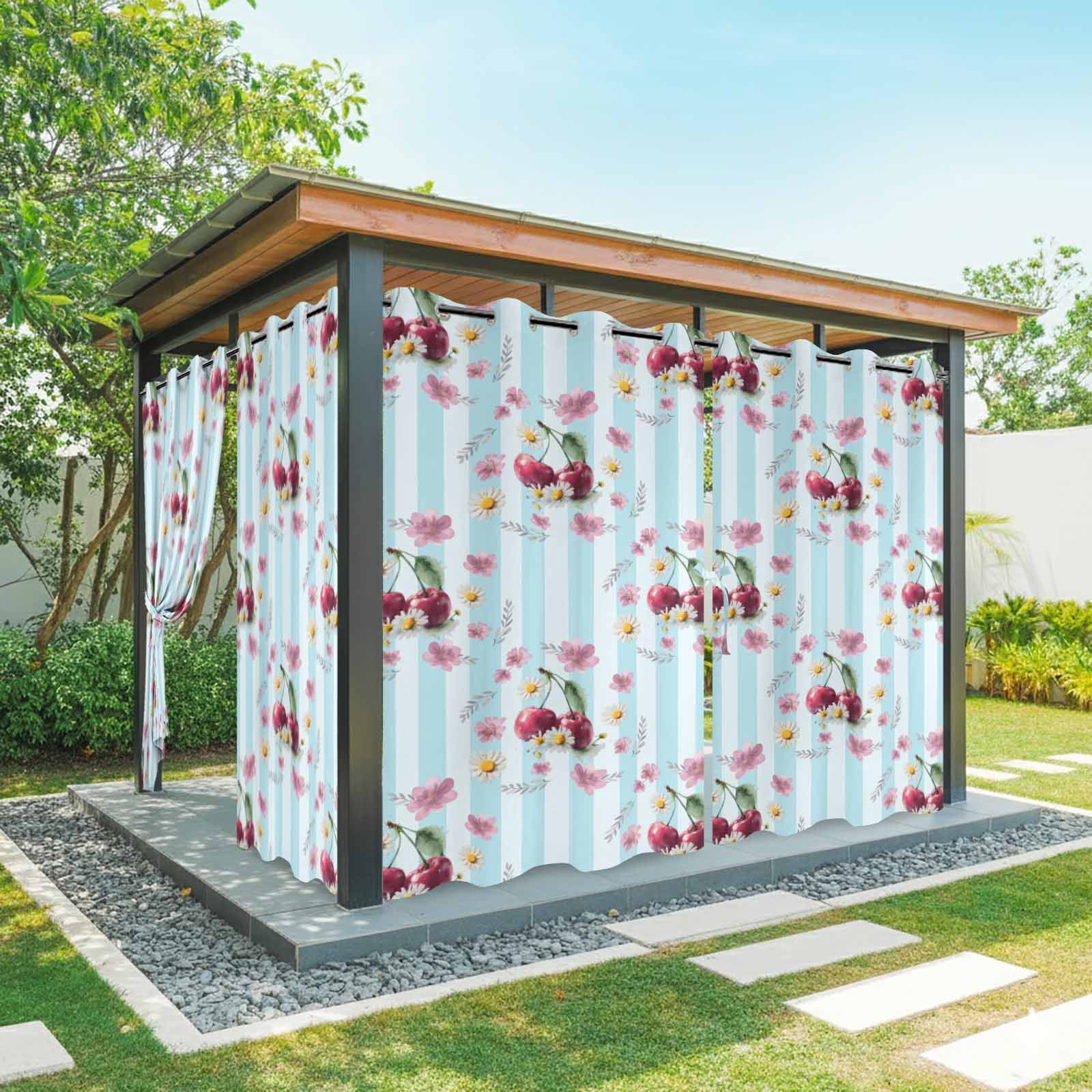 Red Cherry Outdoor Curtains for Patio, Country Farmhouse Pink Flower Leaf Blue Stripe Sunshade Privacy Drapes Grommet Waterproof Outside Curtains for Porch/Cabana/Balcony 54"x 108", 1 Panel