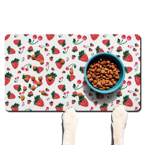 Red Cherry Print Non-Slip Dog Bowl Mat - 4-Layer Absorbent Pet Food Catcher Mat, Durable & Easy Clean for Messy Drinkers