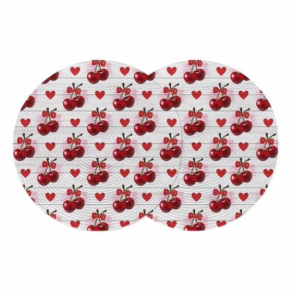 Red Cherry Round 13 Inch Placemats Set of 2, Farmhouse Lover Heart Fruit Gray Wooden HeatResistant Non Slip Place Mats for Dining Table, Wipeable Braided Kitchen Table Mats for Housewarming