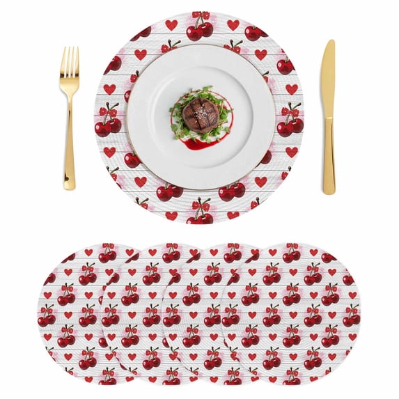 Red Cherry Round 13 Inch Placemats Set of 4, Farmhouse Lover Heart Fruit Gray Wooden HeatResistant Non Slip Place Mats for Dining Table, Wipeable Braided Kitchen Table Mats for Housewarming