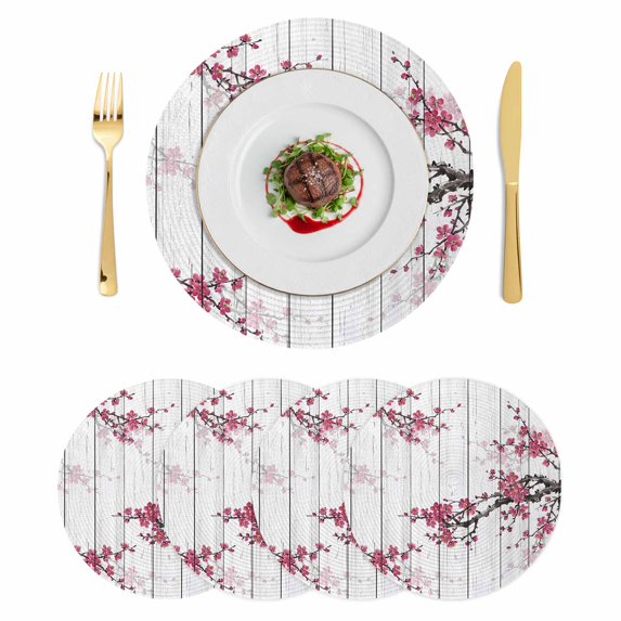 Red Cherry Round 15 Inch Placemats Set of 4, Spring Floral Branches Ink Painting Art Wood Gray HeatResistant Non Slip Place Mats for Dining Table, Wipeable Braided Kitchen Table Mats for Housewarming