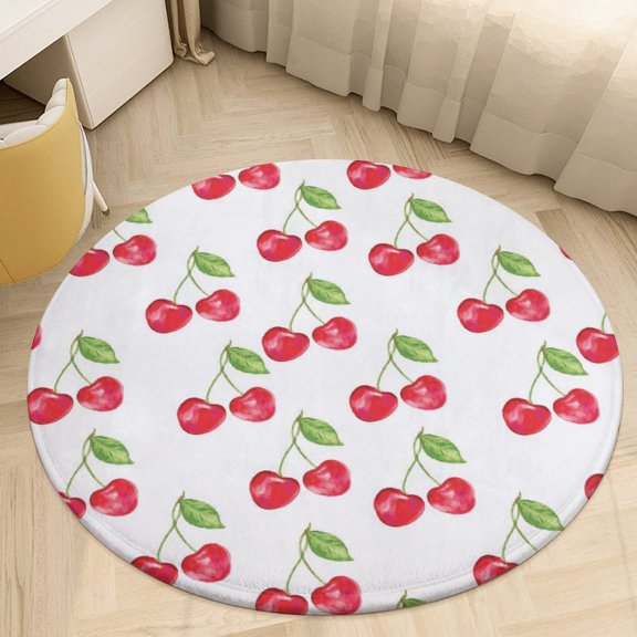 Red Cherry Round Area Rugs for Bedroom Living Room, 4FT Soft Indoor Circle Carpets, Carpet Home Decor Floor Mat