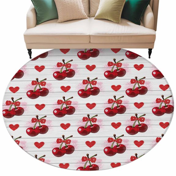 Red Cherry Round Rug 7ft Washable Circle Rugs Non Slip Farmhouse Lover Heart Fruit Gray Wooden Large Area Rug Indoor Floor Carpet for Bedroom Kitchen Living Room Home Office Dining Room Nursery